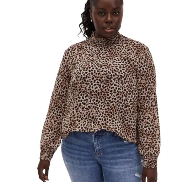 torrid Tops - Torrid Leopard Sheer Chiffon Smocked Mock Neck Blouse Size 1 1X 14 16